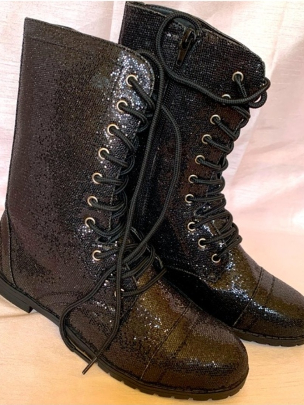 Black Glitter Lace-Up Women's Boots